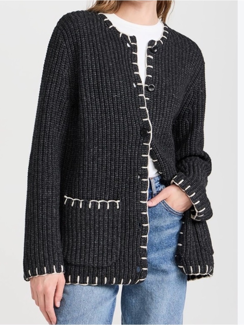 Alex Mill Marleybone Sweater Jacket Gray Waffle Knit Cardigan Cream Whipstitch